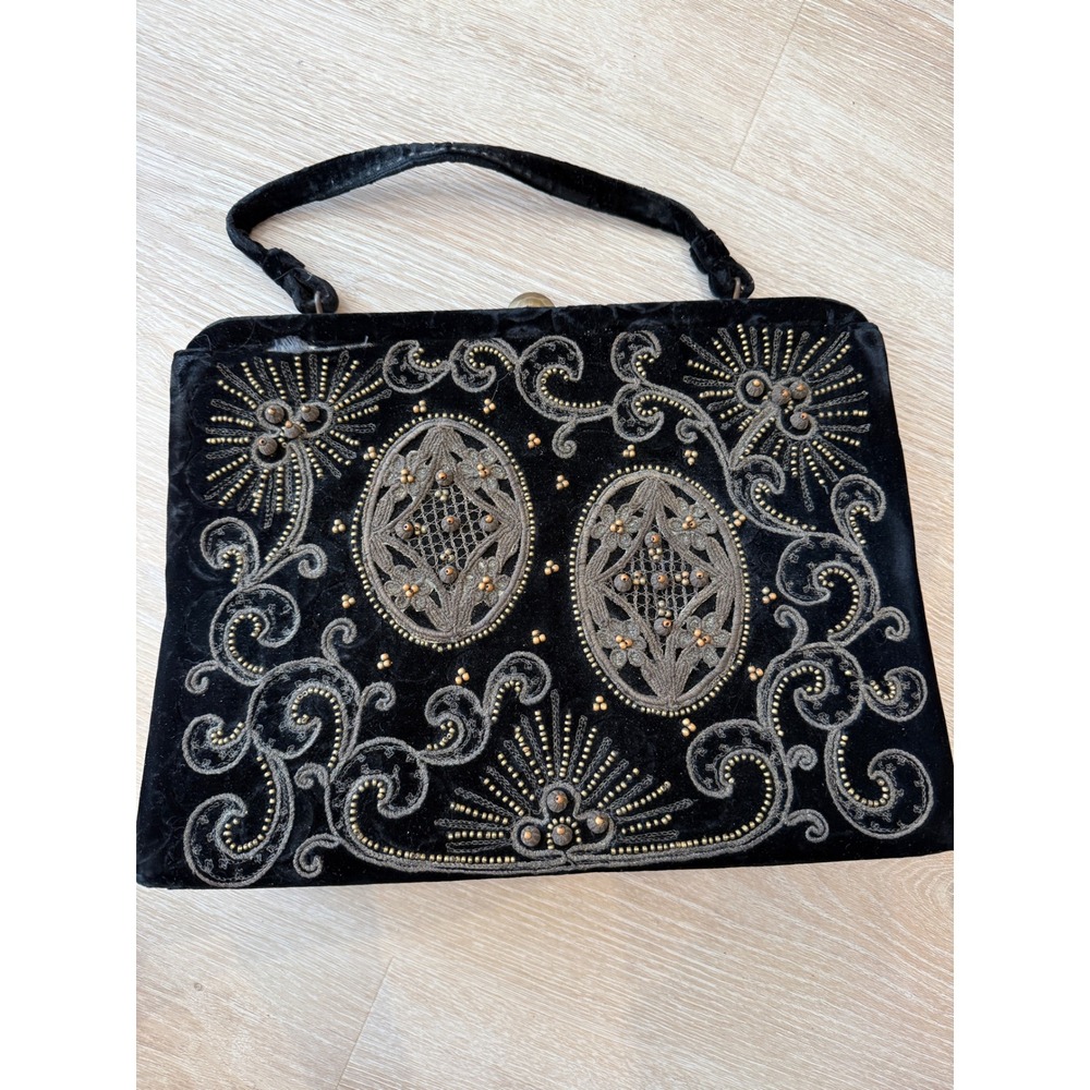 Vintage 1940s Souré Bag Beaded Velvet Embroidered Handbag Large